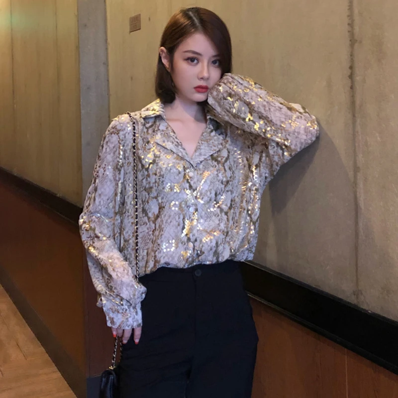 Женская винтажная рубашка Sungtin летний топ с принтом змеиной кожи отложным