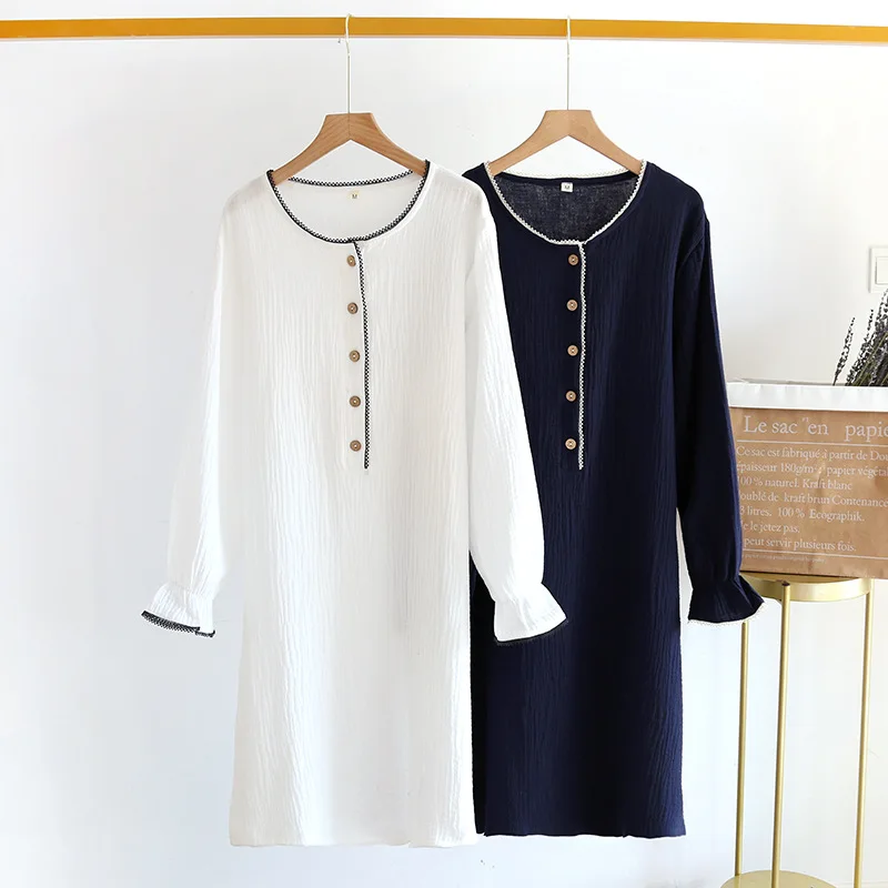 

Japanese Spring And Autumn New Ladies Nightdress 100% Cotton Crepe Long Sleeve Skirt Large Size Simple Casual Home Long Skirt