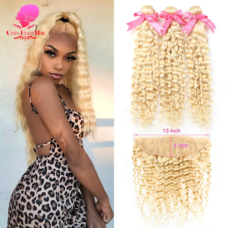 13x6 Lace Frontal With Bundle 613 Honey Blonde Human Hair Remy Brazilian Weave 3 4 Deep Wave Bundles with 13x4 Closure |