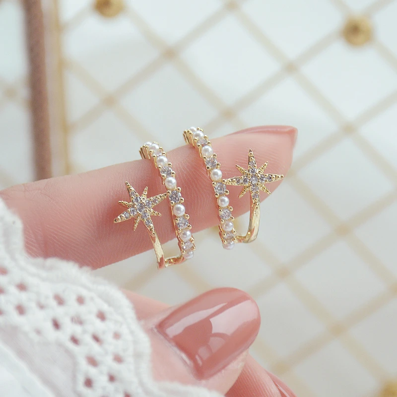 

Ins Hot Sale 14K Real Gold Zircon Pearl Gentle Temperament Double Earrings Fashionable Moon Star for Women