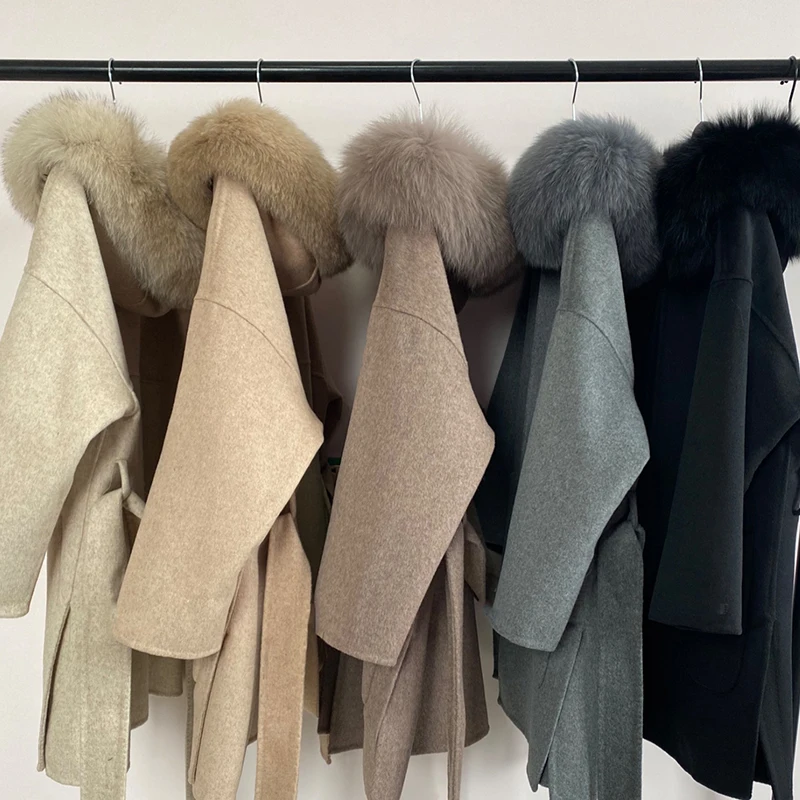 Женское пальто из натурального кашемира шерстяное с капюшоном Лисьего меха