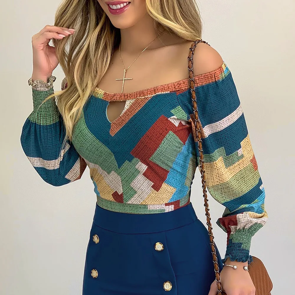 

Women Autumn Print Off Shoulder Blouse Shirt Slash Neck Long Sleeve Bodycon Elegant Slim Blouses Shirts Pretty Blusas Cute Tops