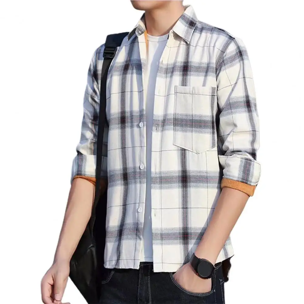 

Student Shirt Grid Single-breasted Plush Thicken Spring Shirt for School