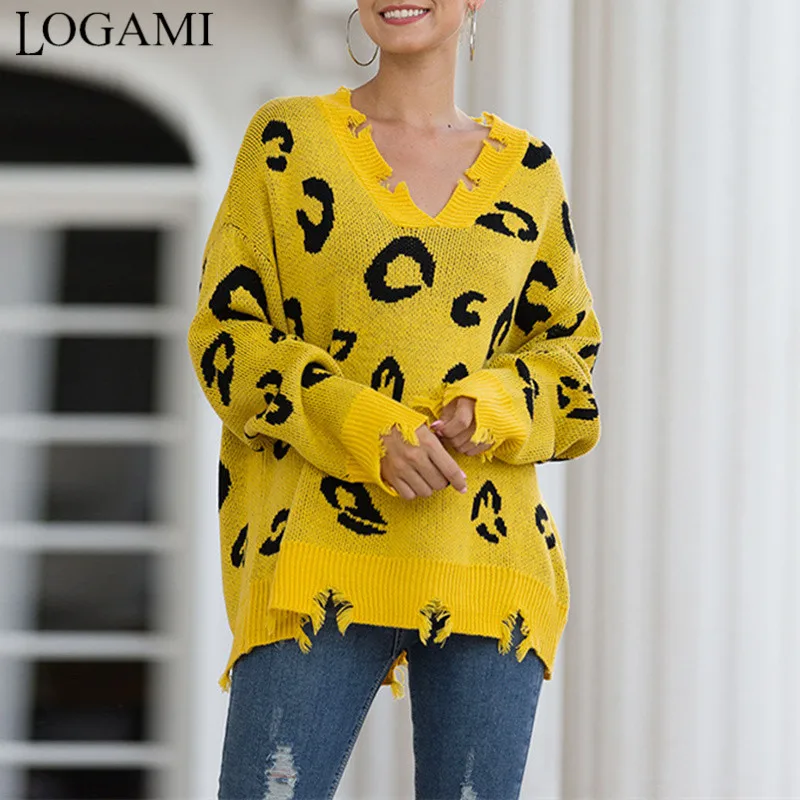 

LOGAMI Леопардовый искусственно Состаренный свитер для женщин с v-образным вырезом и длинным рукавом Пуловеры и свитера женские винтажные дже...
