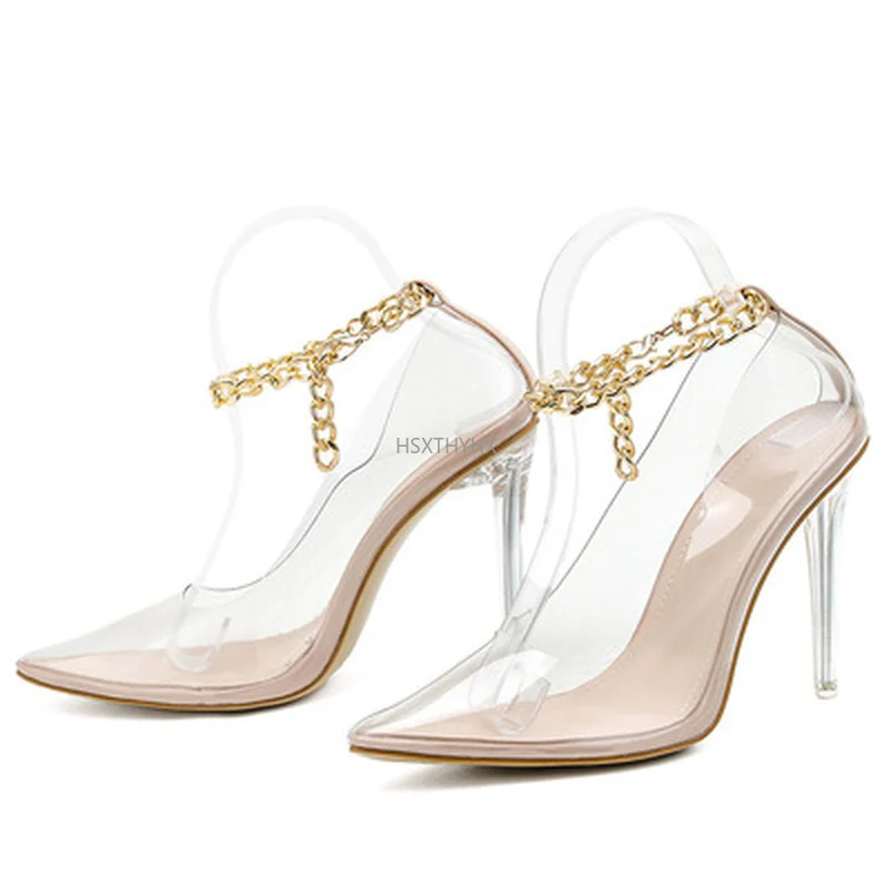 

2021 Summer PVC Transparent Jelly Shoes Woman Fashion Ankle Metal Chain Design Buckle Ladies Perspex Heels Sexy Nightclub Pumps