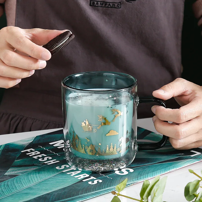 

Christmas Glass Cup Mug Heat-resistant 300ML Creative Double Layered Glass Cup Coffee Mug with Lid Cute for Christmas New Year