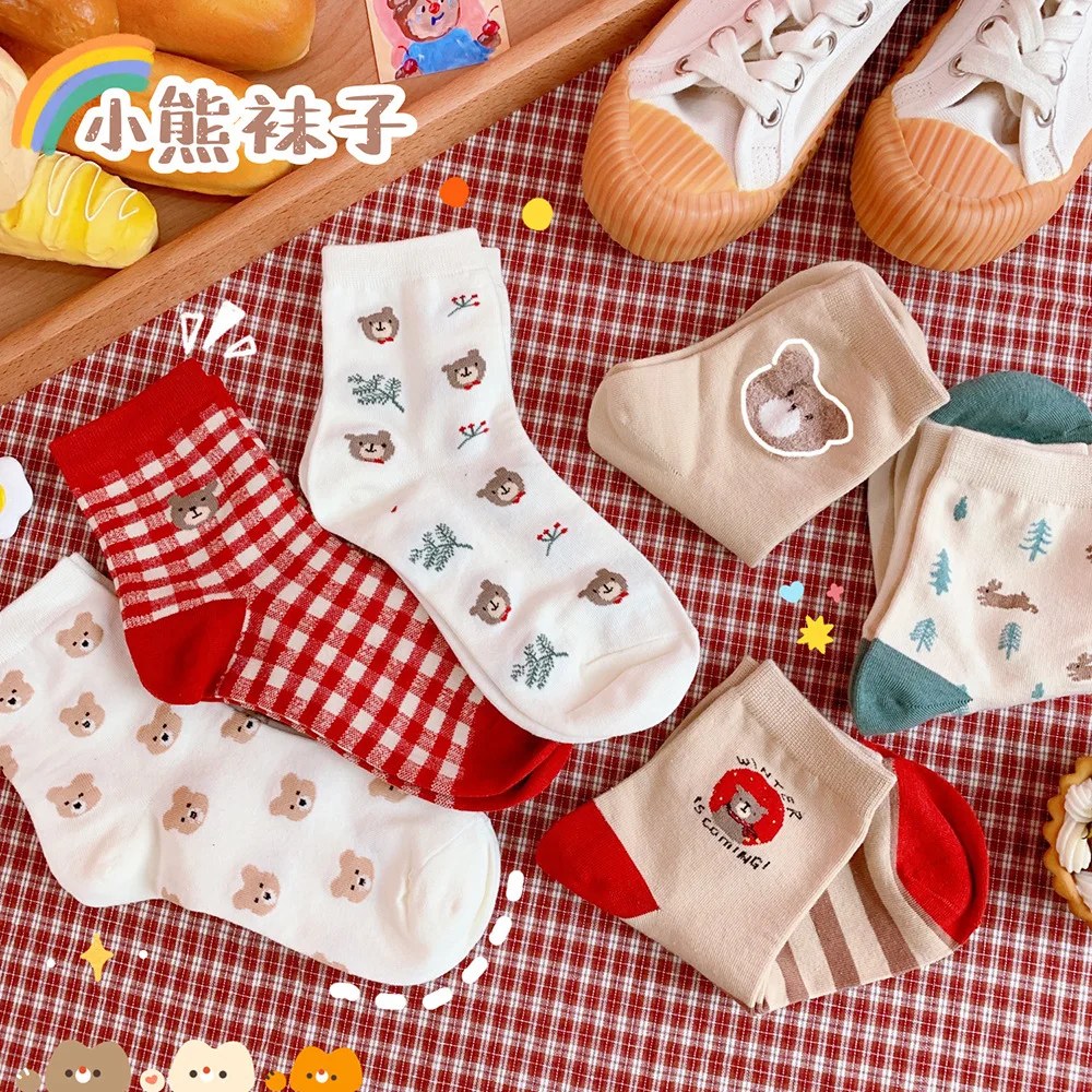 

Новинка весна-осень, женские носки Kawaii Bear из хлопка, с изображением девушки из мультфильма, с животными, в японском стиле Харадзюку, в Корейс...