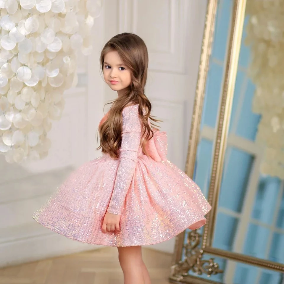 Luxurious Birthday Party Dress For Girls Pink Princess Sequined Evening Dresses For Teenage Girls Party Frock For Wedding Kids