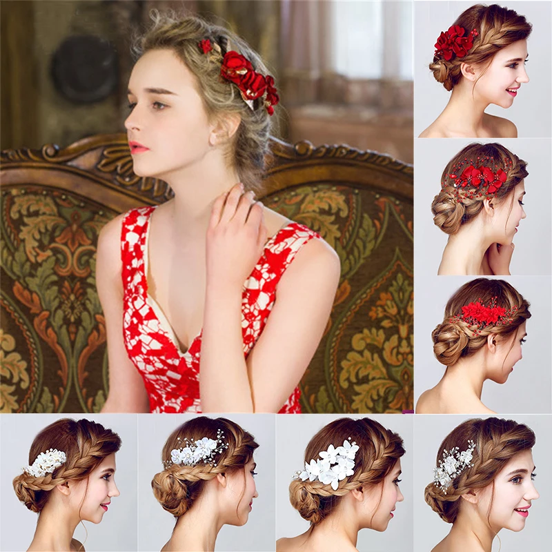 Свадебная заколка с красными и белыми цветами женская бижутерия аксессуары