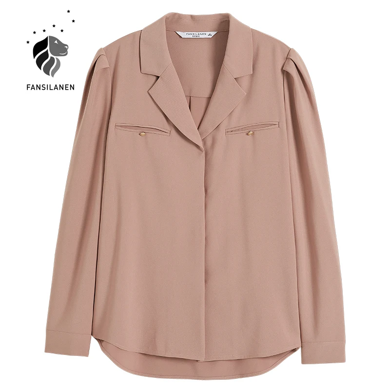 

FANSILANEN Casual office lady pink blouse shirt Women long sleeve pocket elegant top Female korean style spring vintage shirt