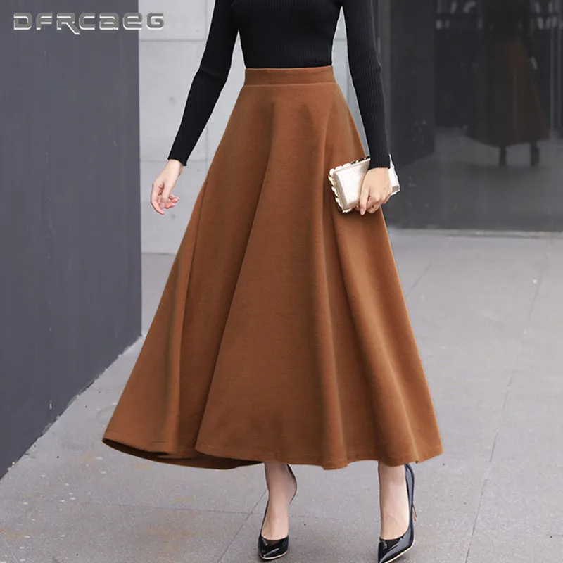 High Waist Woolen Skirts Womens Winter 2018 Fashion Streewear Wool Long Pleated Skirt With Belt Casual Ladies Saia Longa Black
