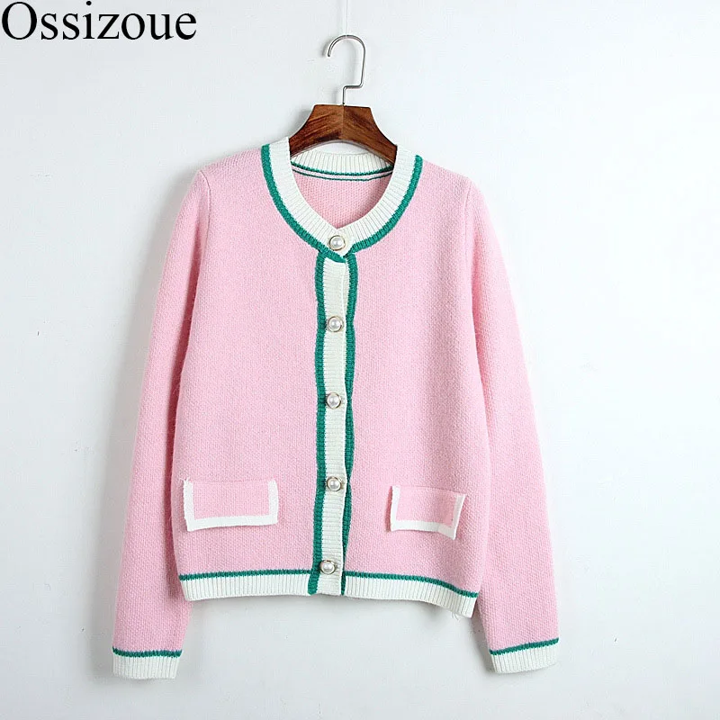 Женский трикотажный кардиган с круглым вырезом Розовый Повседневный вязаный