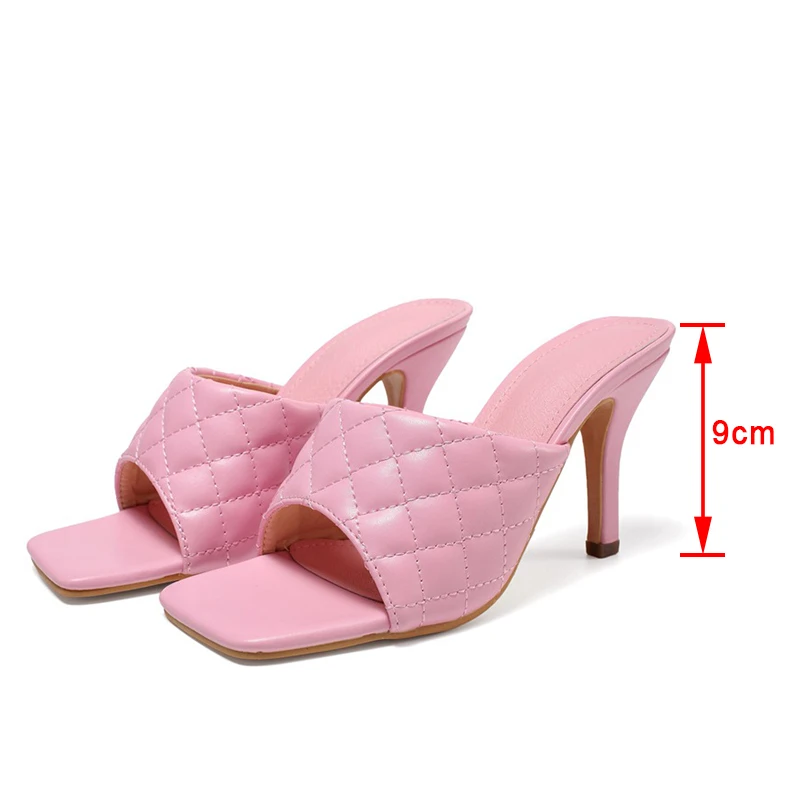 

Women's Slippers Sexy Thin High Heels lattice Ladies Sandals Square Toe Female PU Leather Summer Slides Fashion Woman Shoes 2021