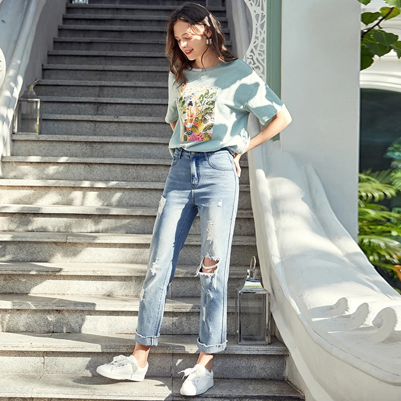 Женские рваные джинсы ARTKA синие прямые с высокой талией свободного покроя на