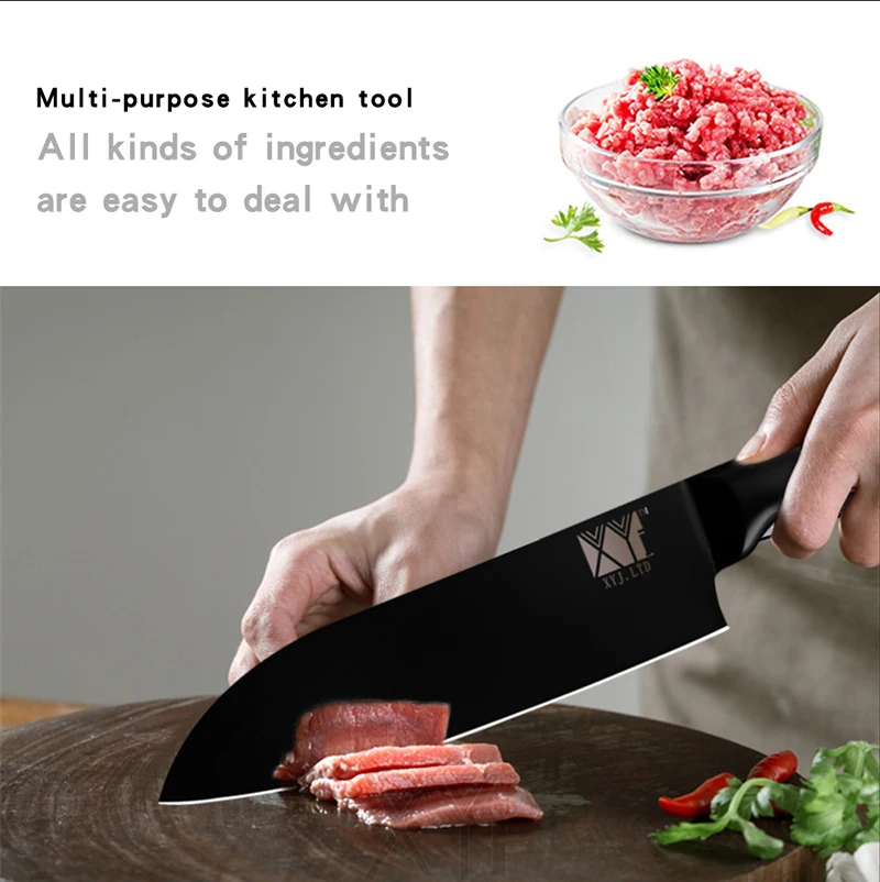 XYJ набор кухонных ножей японский " Santoku 5" Универсальный 6," нож шеф-повара Держатель ножей из нержавеющей стали черное лезвие инструменты для приготовления пищи