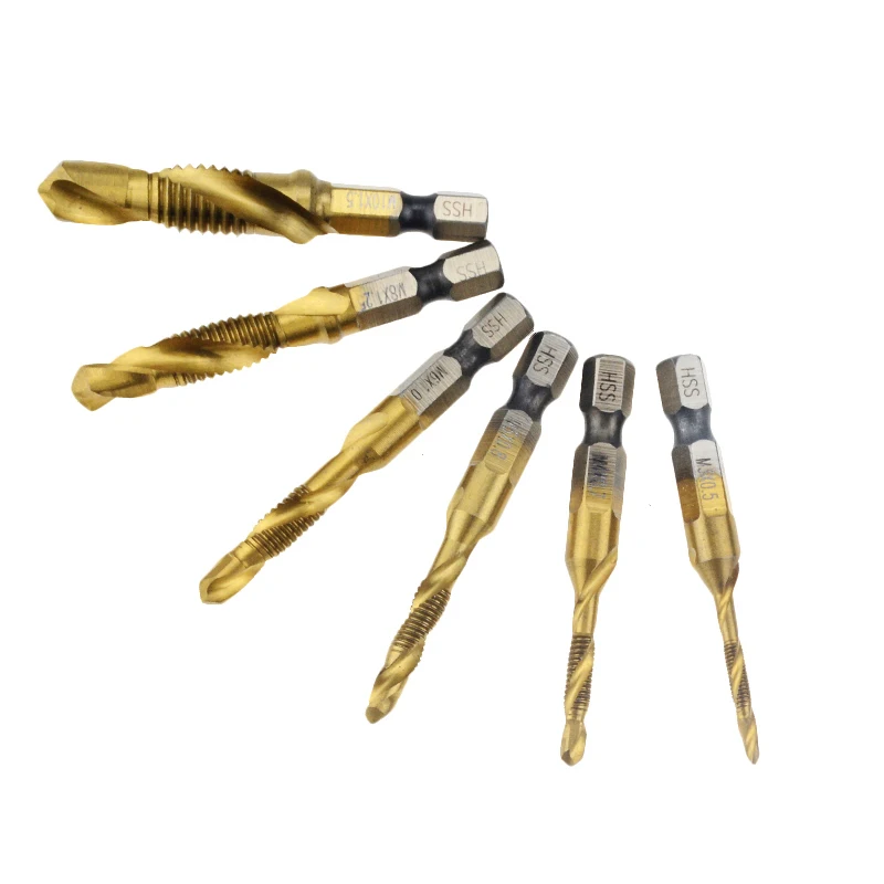

6Pcs M3-M10 Screw Tap Drill Bits Hss Taps Countersink Deburr Set Metric Combination Bit High Speed Steel 1/4 IN Quick Change Hex
