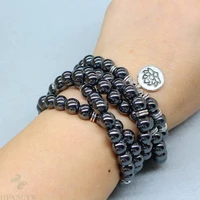 6mm 108 hematite bracelet lotus pendant pray chakra bless meditation healing lucky wristband