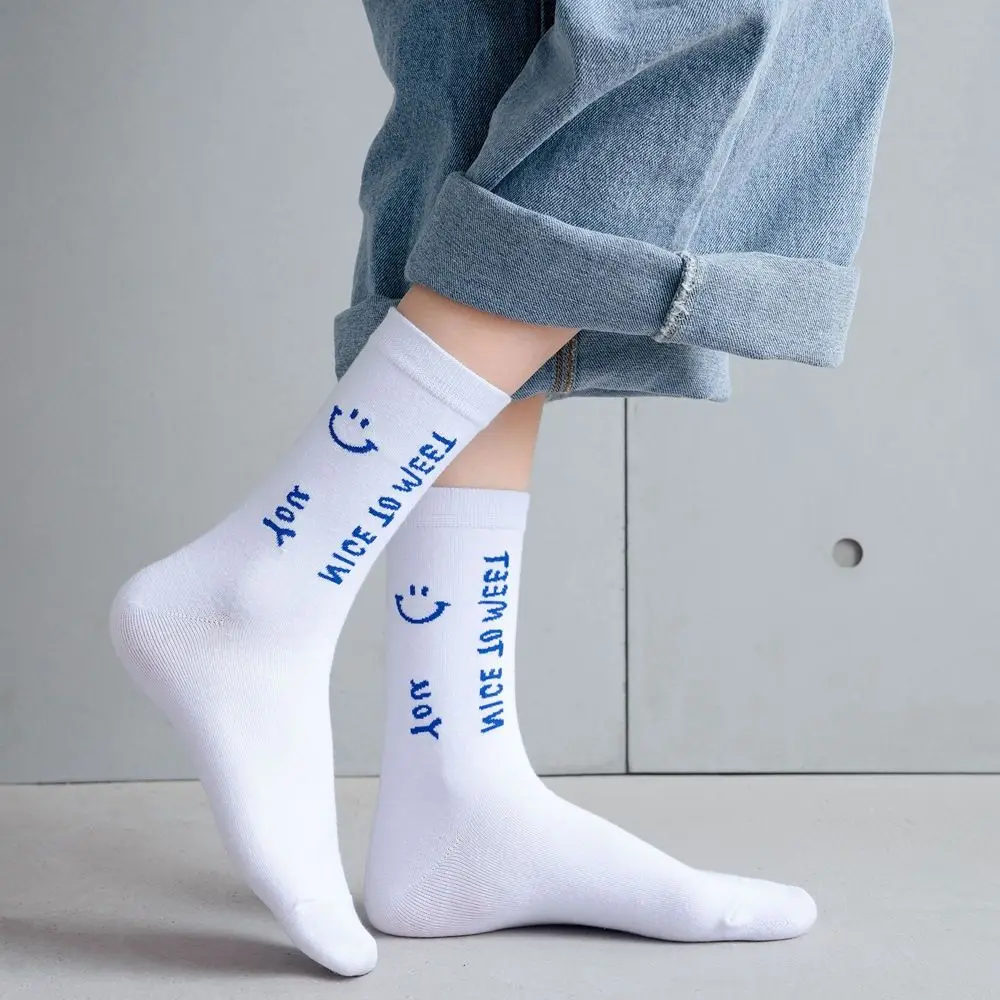 

Anewmorn Spring Summer English Letter White Middle Tube Women's Socks Trendy Cute Cartoon Smiley Heart Street Style Ladies Sukka