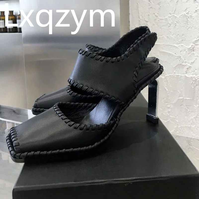 

2021 Fashion Brand Sandals Female Genuine Leather Ankle Buckle Hollow Metal High Heels Cowhide Retro Design Summer Pumps