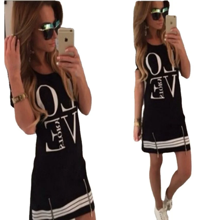 

Fashion personality English letter print lov zipper T-shirt dress