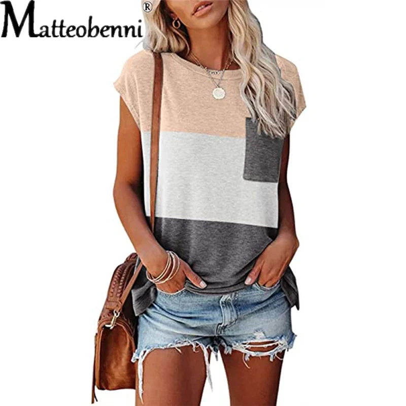 

2021 Fashion Pocket Three-Color Stitching Women T-Shirt Summer New O-Neck Short-Sleeved Casual Top Street Loose Ladies Tee S-2XL