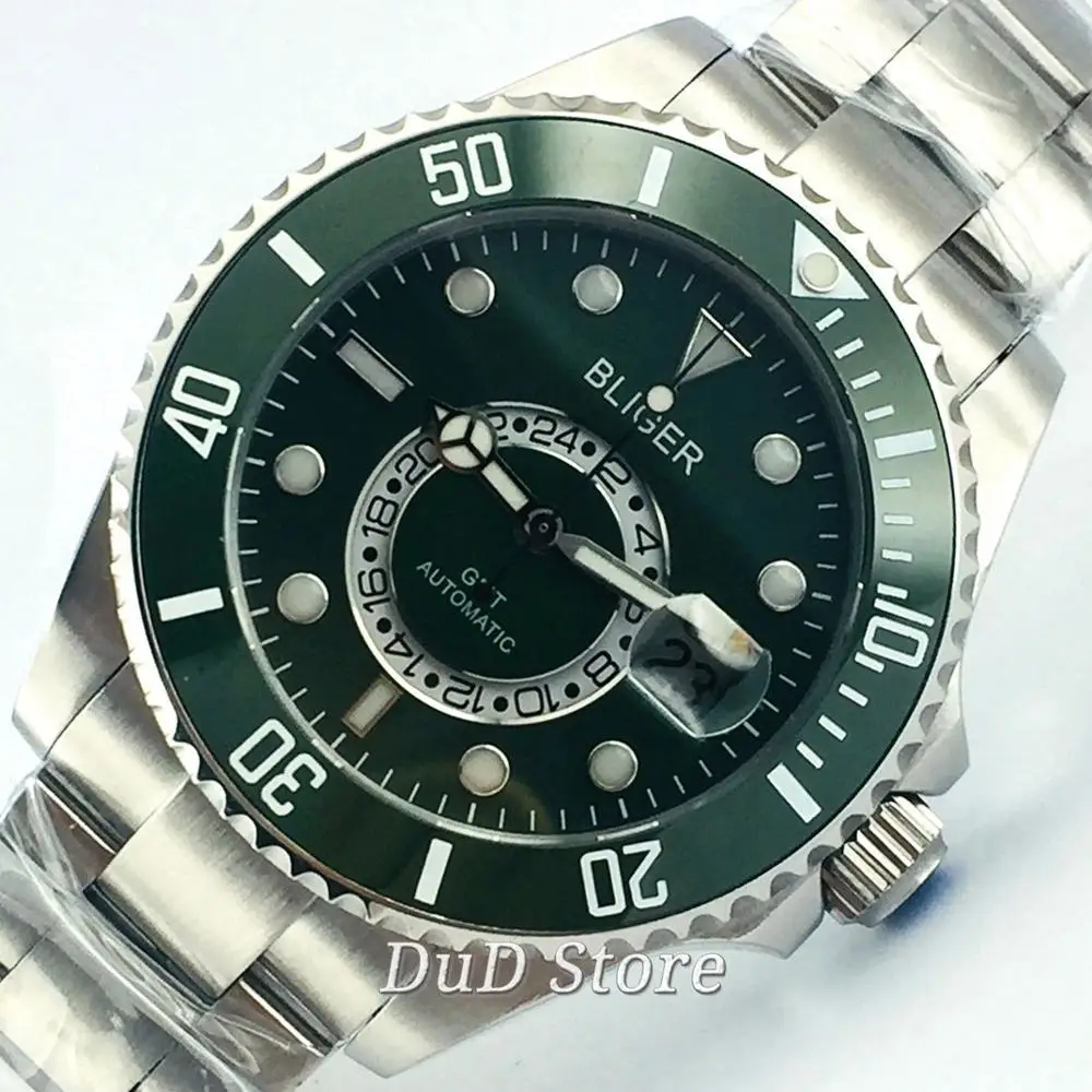Мужские автоматические светящиеся часы Bliger черный и зеленый керамический