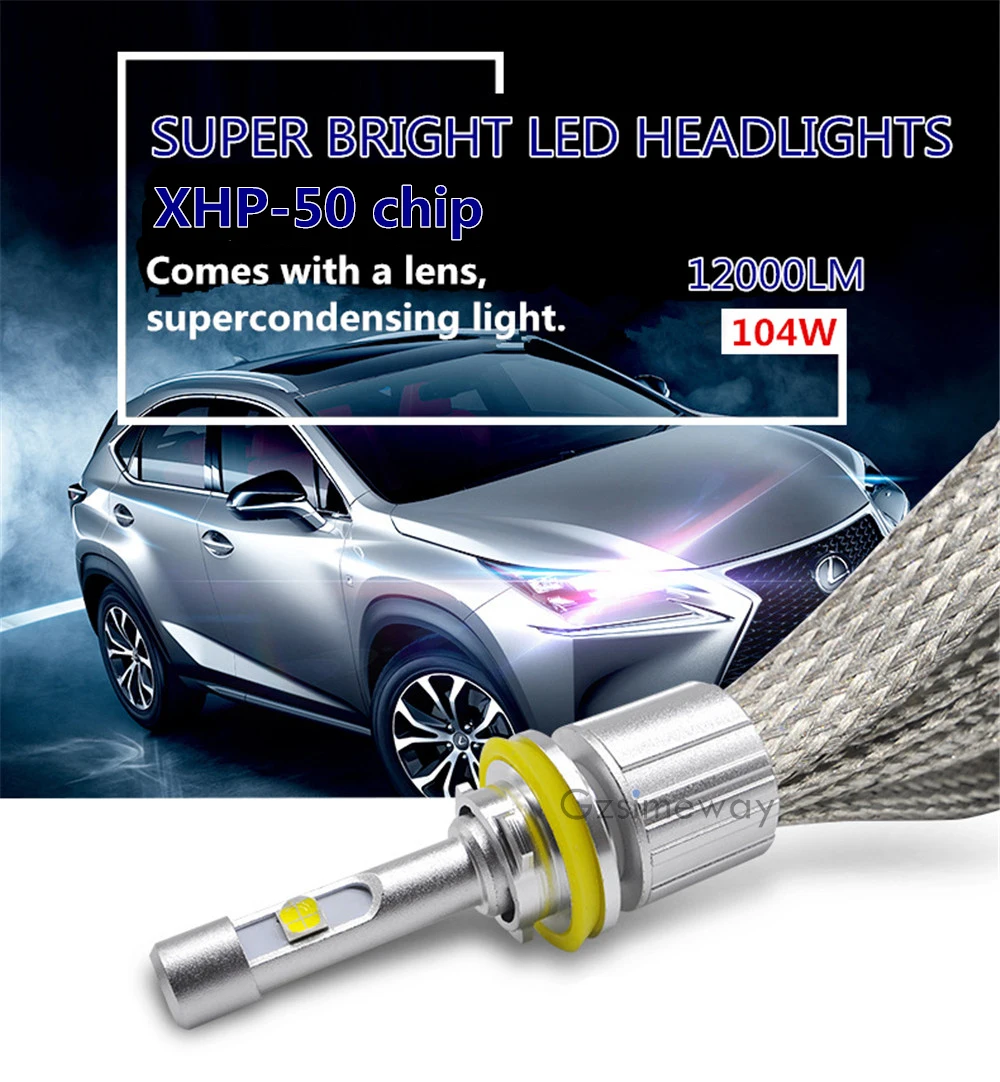2 шт. Авто H11 светодиодные лампы для фар H1 H4 H7 9005 H8 H13 HIR2 9012 104 Вт 12000LM 12 В 24 Высокая
