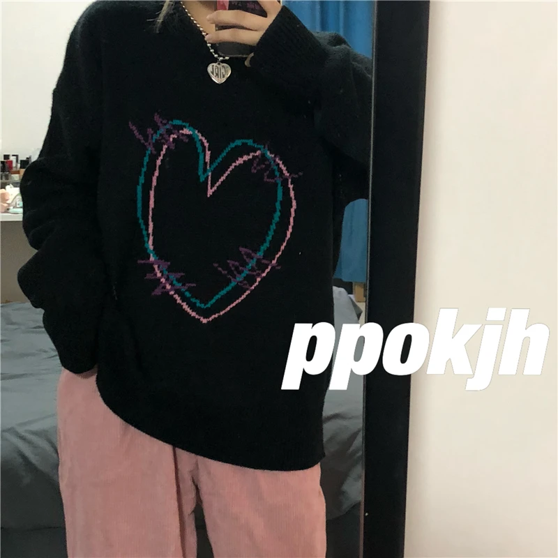 

Корейский зимний свитер в стиле Харадзюку с изображением призрака лошади винтажные пуловеры с длинными рукавами в форме сердца модный вяза...
