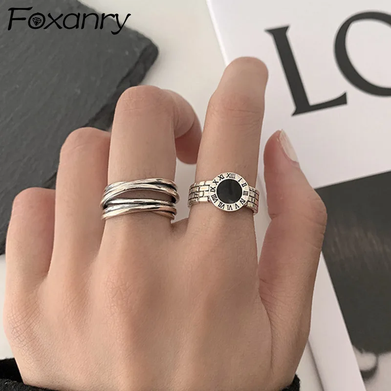 

Foxanry INS Fashion 925 Sterling Silver Roman Numerals Rings for Women Vintage Punk Multilayer Geometric Party Jewelry Gifts