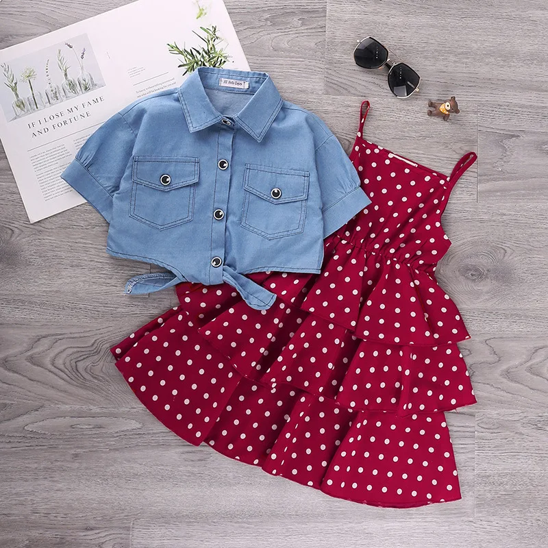 

New 2021 Princess Girls Summer Dresses Set Baby Kids Short-sleeved Denim Jacket Dot Suspender Dress Clothes Suit For 3-12 Years