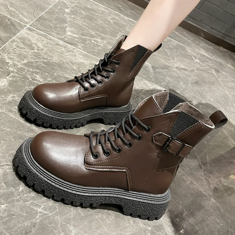 

Ankle Boots Women Platform Shoes Pu Leather Round Toe Lace-Up Winter Shoes Women's Boots Fashion Thick Heel Motorcycle Booties