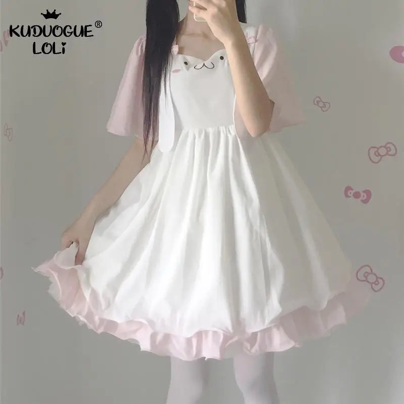 Японский костюм для девочек каваи платье милый игривый кролик шифон контрастный