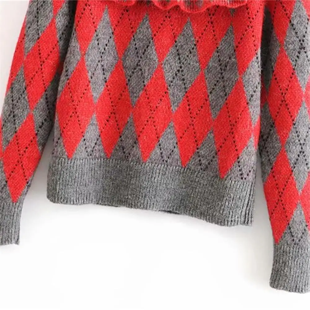 

Autumn 2019 women's new long sleeve Mock Neck Sweater laminated decorative diamond knitwear 03597101802