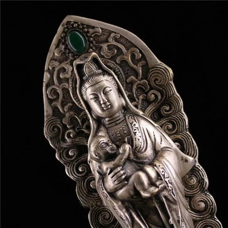 

9.06" Chinese copper silvering inlay gem Handmade child Kwan-yin Buddha statue
