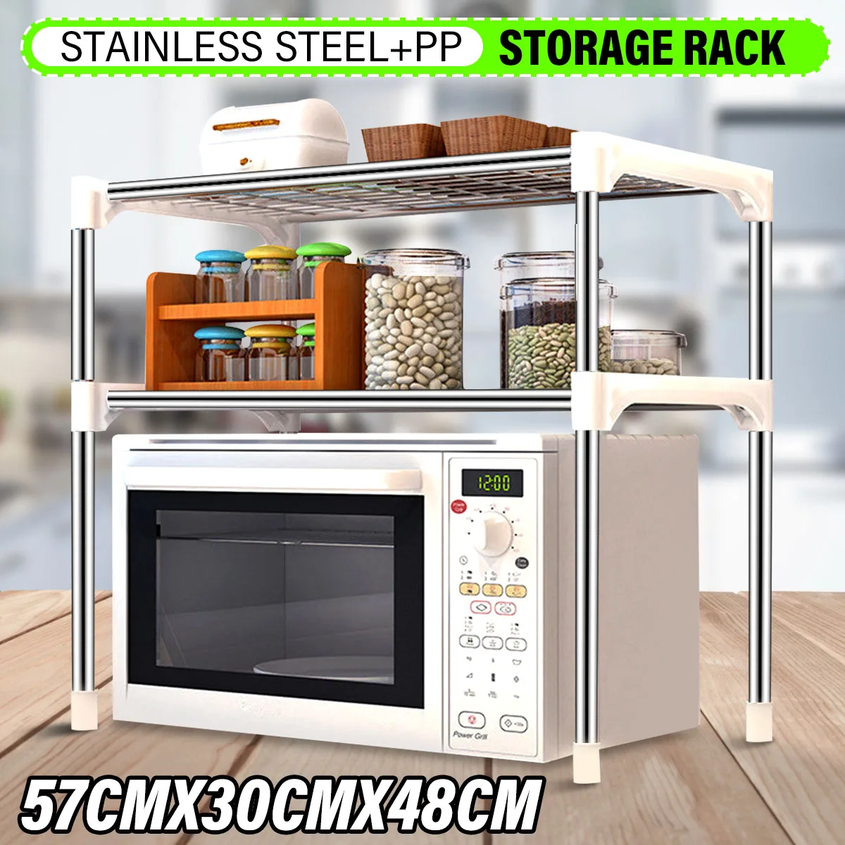 

2-Tier 304 Stainless Steel Adjustable Microwave Oven Shelf Rack Standing Type Multifunctional Kitchen Bathroom Storage Shelf