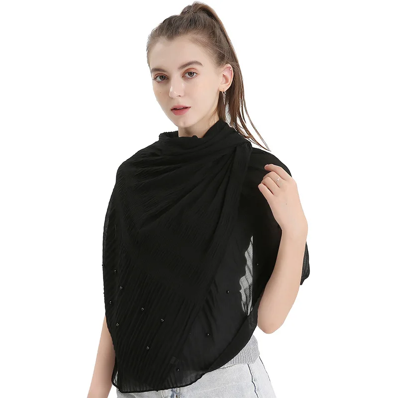 Шифоновый шарф с жемчугом и оборками на подоле однотонный хиджаб baotou головной