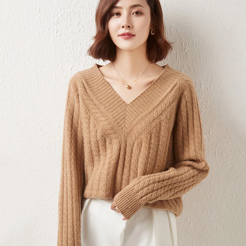 LONGMING 100% Merino Wool Women Sweater V-neck Winter Wool Knit Sweater Jumpers Autumn Cashmere Sweater Solid Pullover Oversized
