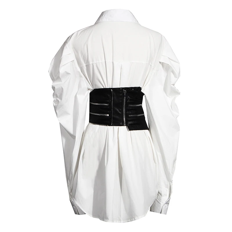 TWOTWINSTYLE Casual Two Piece Set For Women Lapel Puff Sleeve Shirt PU Leather Patchwork Zipper Belt Female Sets 2020 Fall Tide