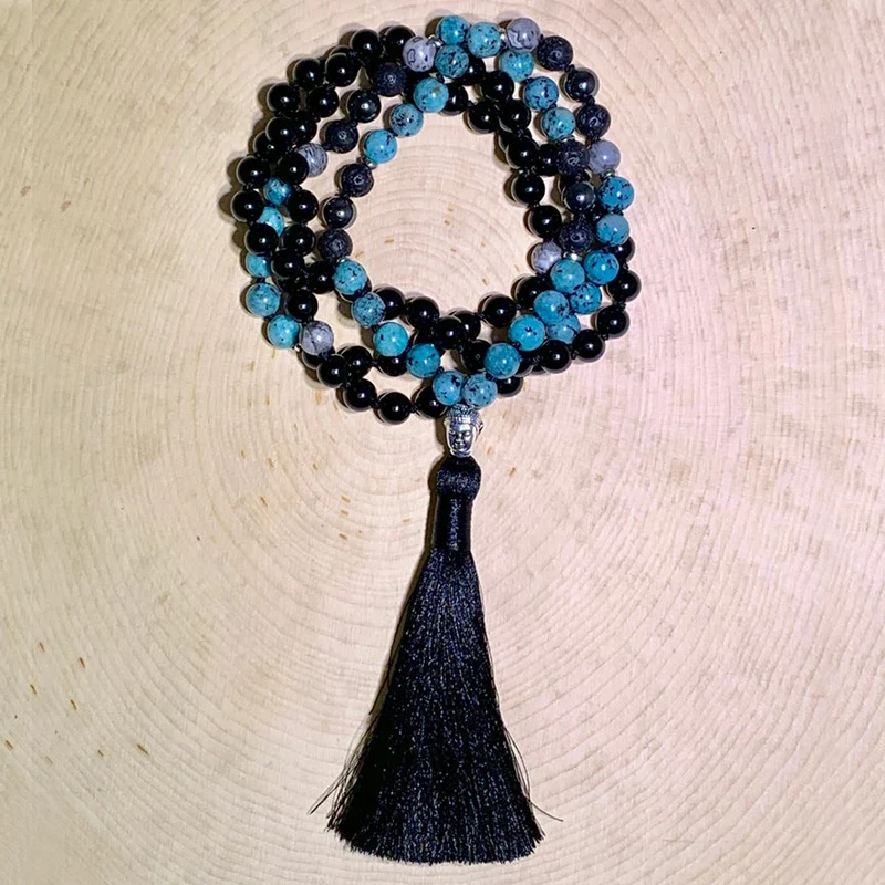 

108 Knotted Mala Necklace Black Onyx Snowflake Necklace 8mm Mala Beads With Black Tassel Necklace Buddha Jewelry For Men