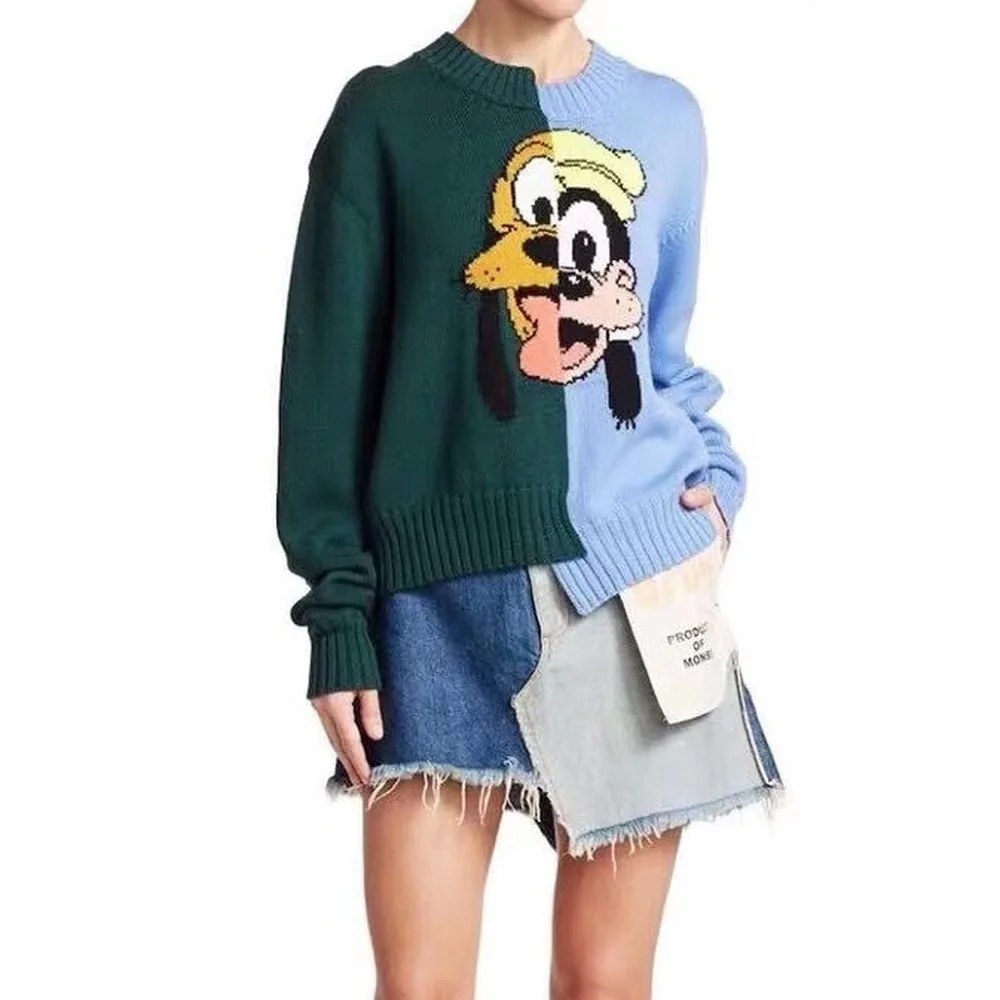 Женский шерстяной свитер свободный с круглым вырезом и мультяшной вышивкой