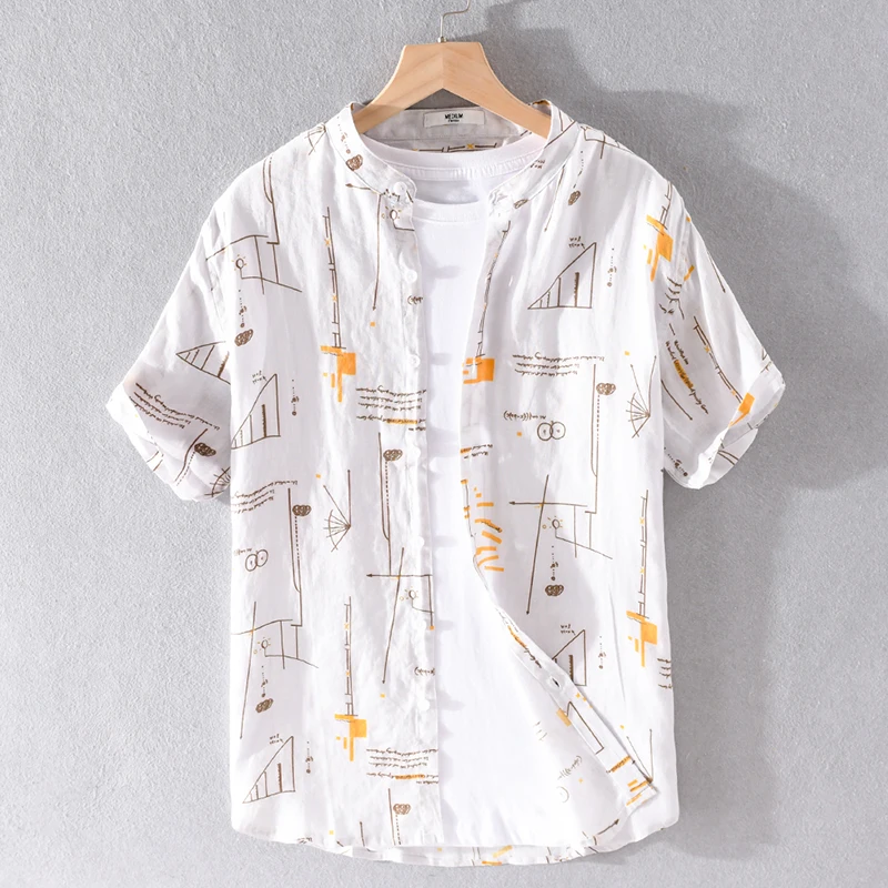 100% Linen stand collar summer shirt men brand fashion shirts for men casual short sleeve shirt mens chemise overhemd