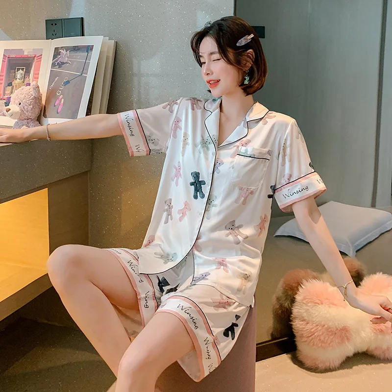 

Пижамный комплект Женский атласный с принтом, комплект для сна, интимное нижнее белье, Повседневная Домашняя одежда, пижама с карманами, 2 шт...