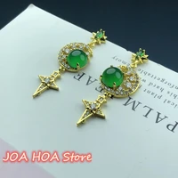 gold plated inlaid natural green chalcedony zircon jade earring exquisite ear decoration accessories perfect fine jewelry