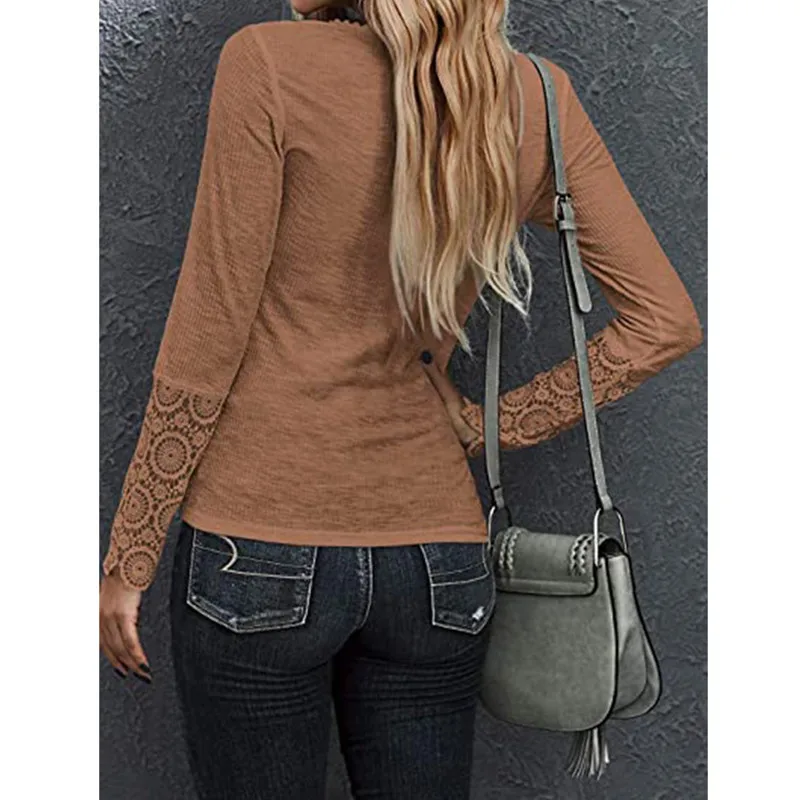 

2021 New Hot-Selling Style Cotton O-Neck Stitching Hedging Button Casual Lace Sleeve Loose Solid Color Fashion Long-Sleeved