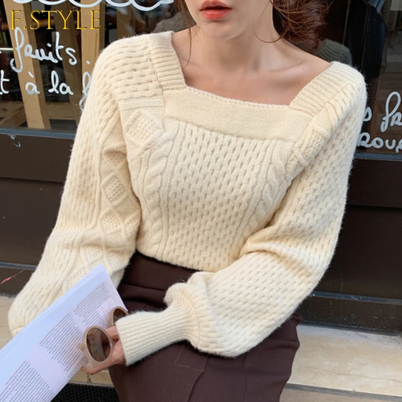

Elegant Square Collar Versatile Knitted Pullovers Women Puff Long Sleeve Gentle Sweater Tops Female 2021 New Knit Top