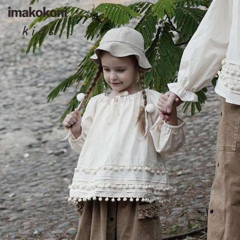 

imakokoni original design forest children's clothing parent-child clothing off-white fur ball top camel skirt 20334