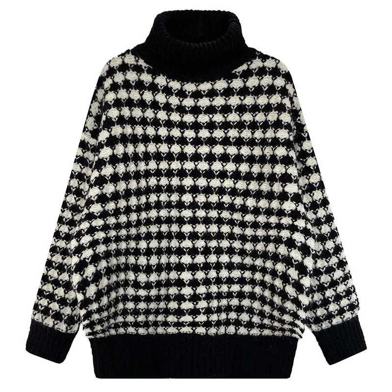 

Yeeloca Spring Design Thicken Plaid Turtleneck Sweater Women's Casual Red Black Pullovers Korean Warm Temperament Sweater