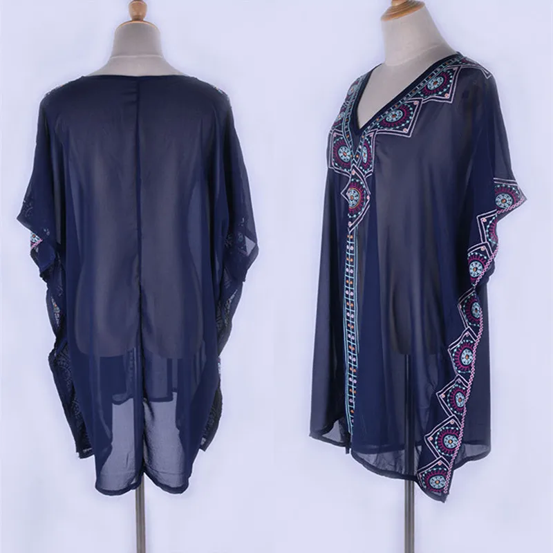 Шифоновая пляжная туника с вышивкой коротким рукавом |