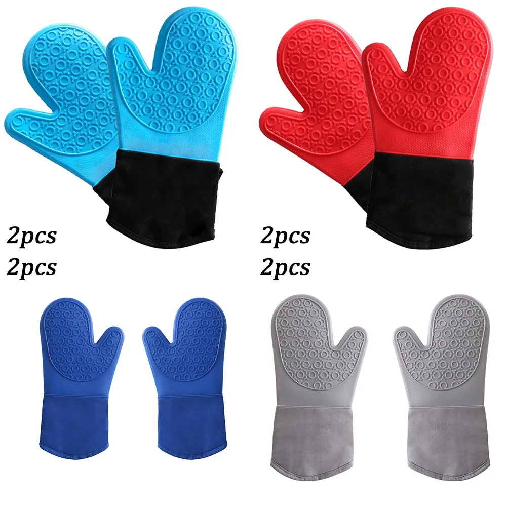 

1 Pair Non-slip Silicone Heat Resistant Mitt Waterproof Silicone Cotton Gloves Barbecue Oven Kitchen Cooking Accessories