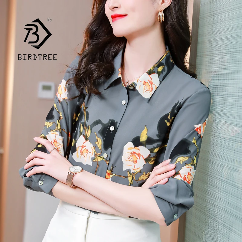

Ins Spring Chiffon Shirt Women Printing Fashion Blouse Lady Long Sleeves Female Loose Shirts Tops Blue Fashion Autumn T11001X